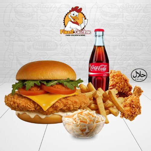 Menü - Crunchy Chicken Cheese Burger mit Beilage & Softdrink